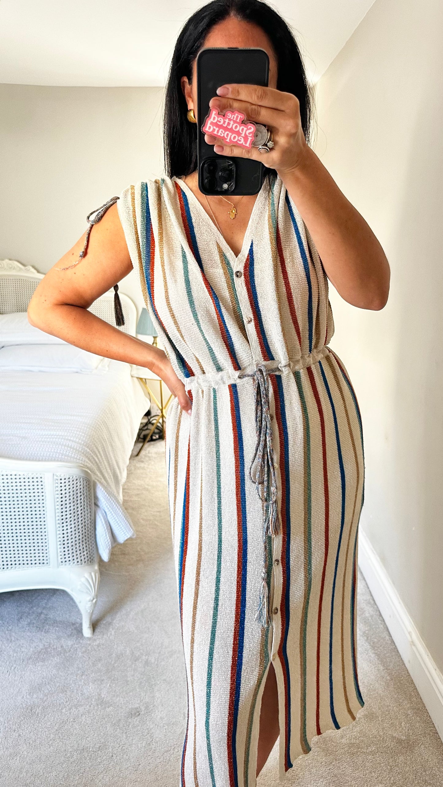 Zara cream metallic stripe midi boho button up dress small UK 10 vgc