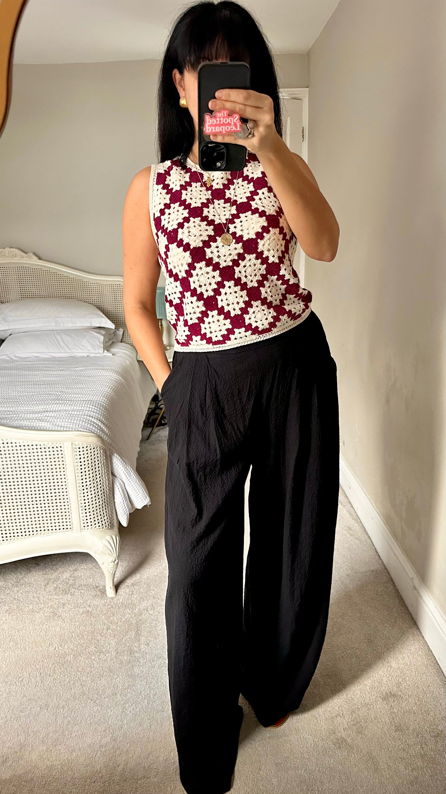 Suncoo burgundy cream check gingham crochet knitted tank top UK 10 new bnwt