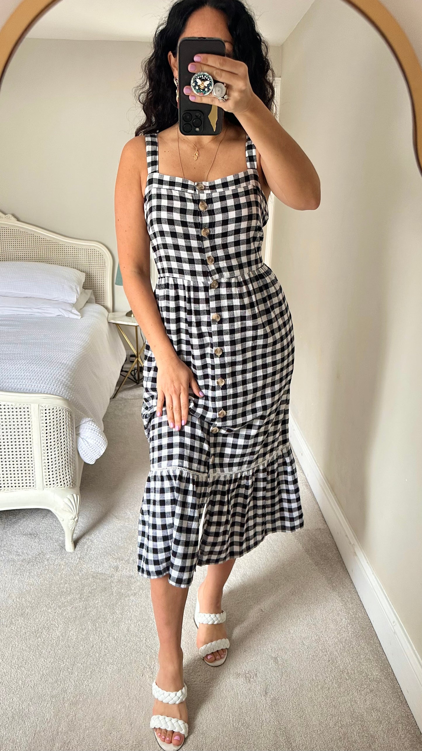 Marks & Spencer M&S black white gingham check button up midi long holiday dress small UK 8-10