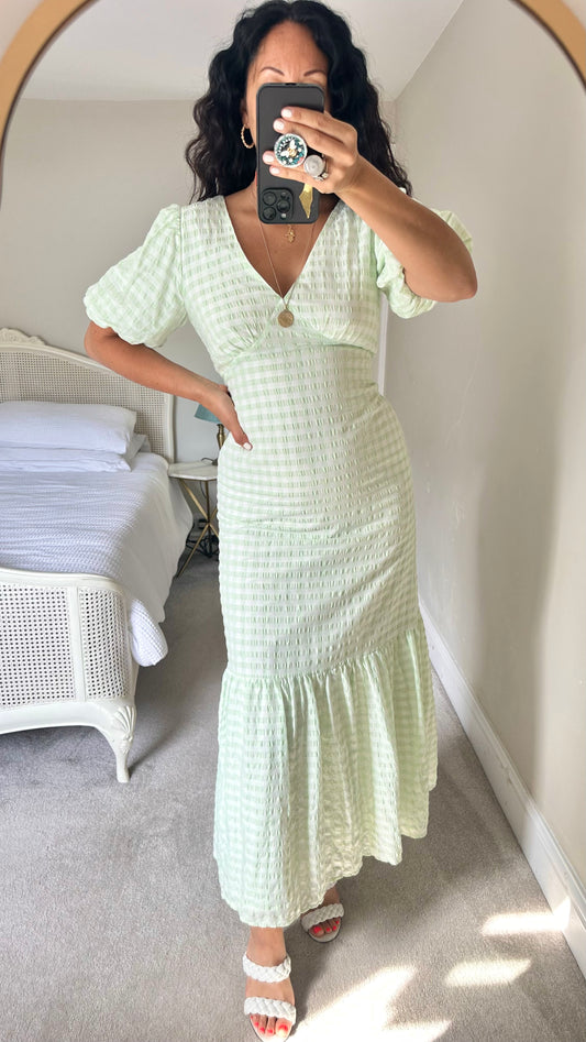 Warehouse light green white gingham check long maxi wedding guest holiday dress small UK 8 vgc