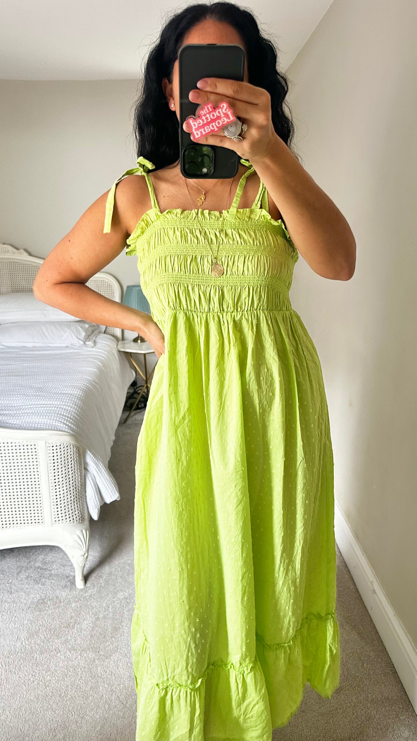 Nobody’s Child light lime green maxi long dress medium UK 14 shirred