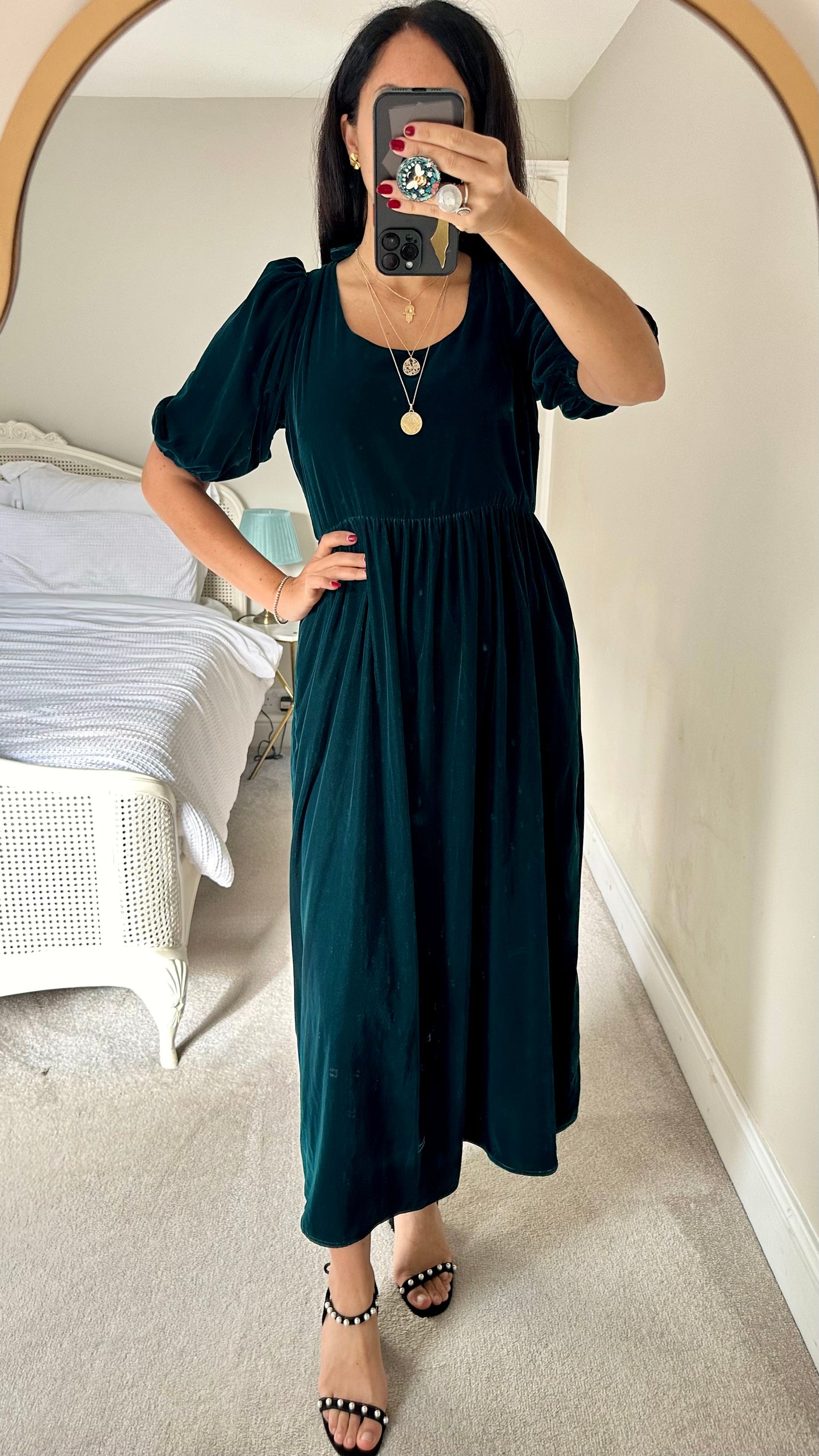 Albaray deep green velvet puff sleeve maxi event party dress large UK 12 vgc