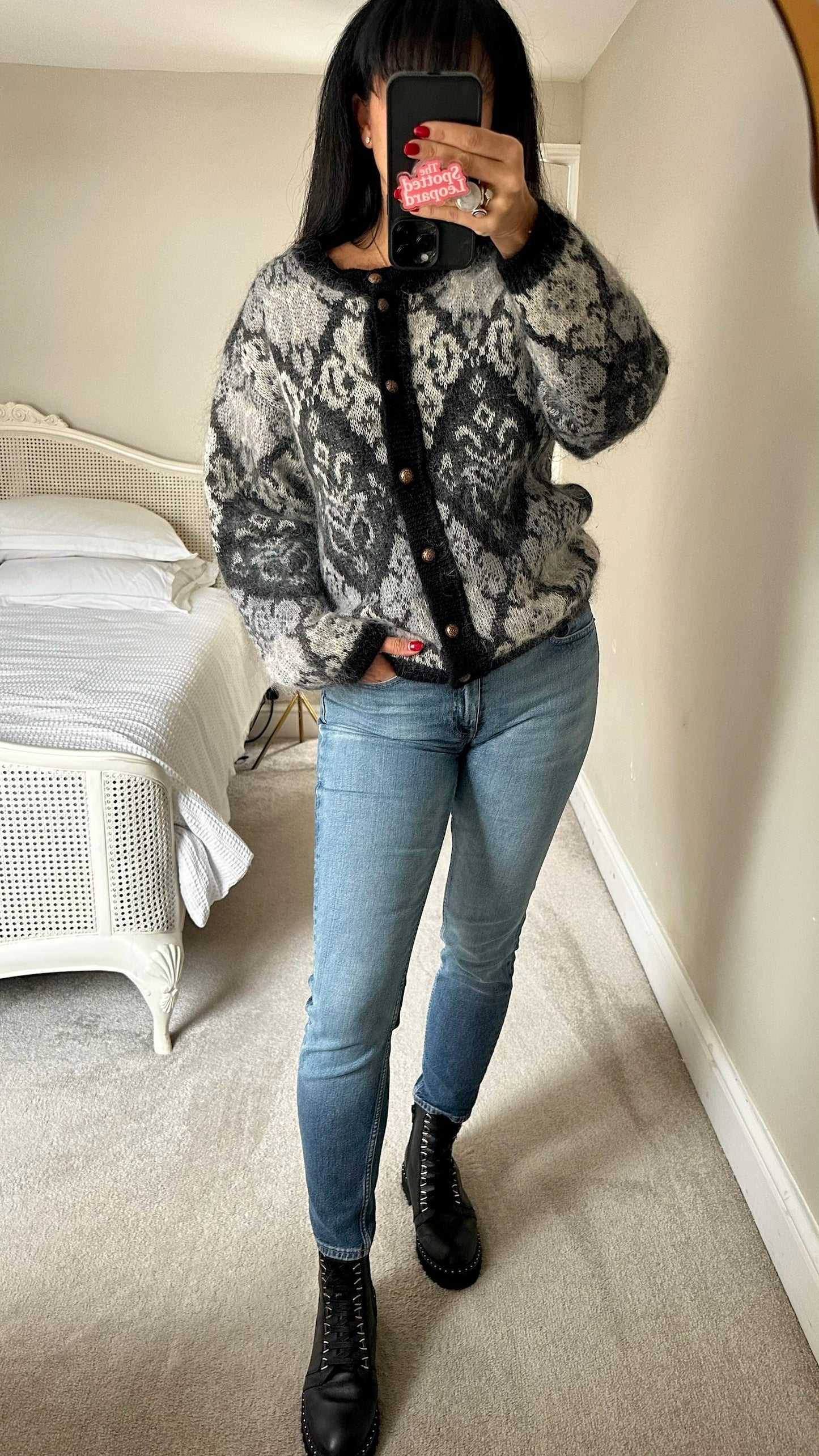 Pitlochry black grey monochrome vintage mohair blend button up cardigan small medium SM 8-10