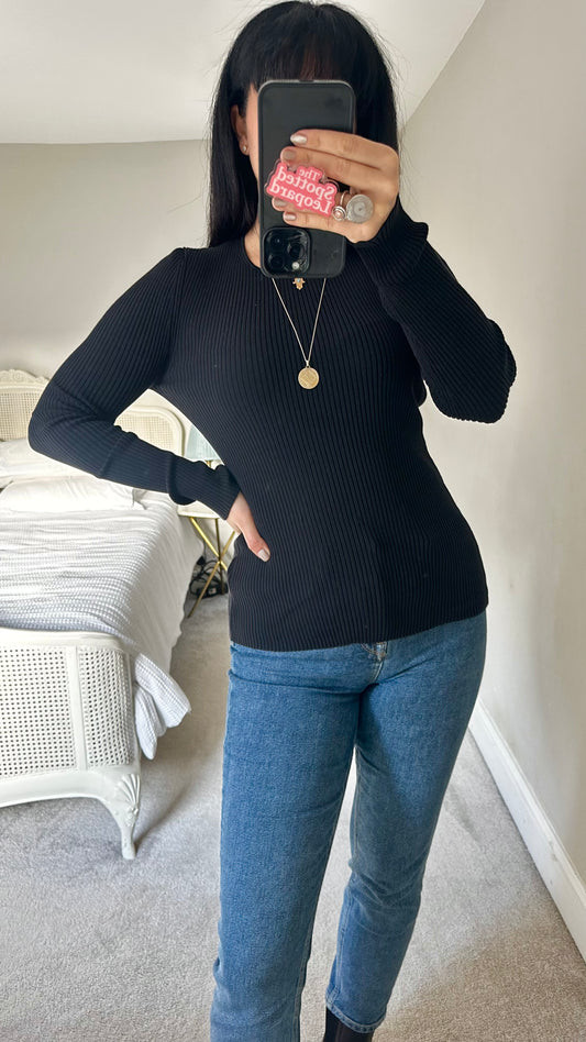 Arket black ribbed stretch cut out back knitted jumper large UK 14 vgc