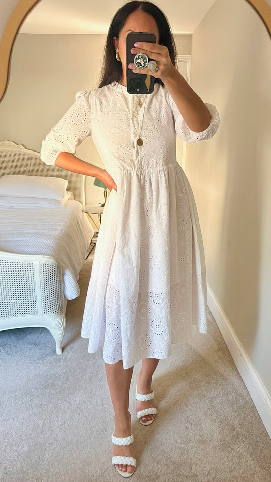 Feather & Bone @ Anthropologie white broderie anglaise shirt midi dress small UK 8 vgc