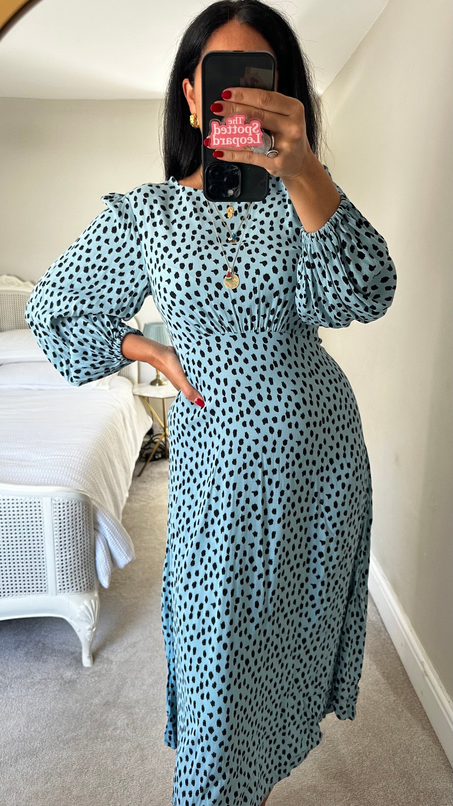 Feather & Bone @ Anthropologie light blue polka dot midi long event dress medium UK 12 vgc