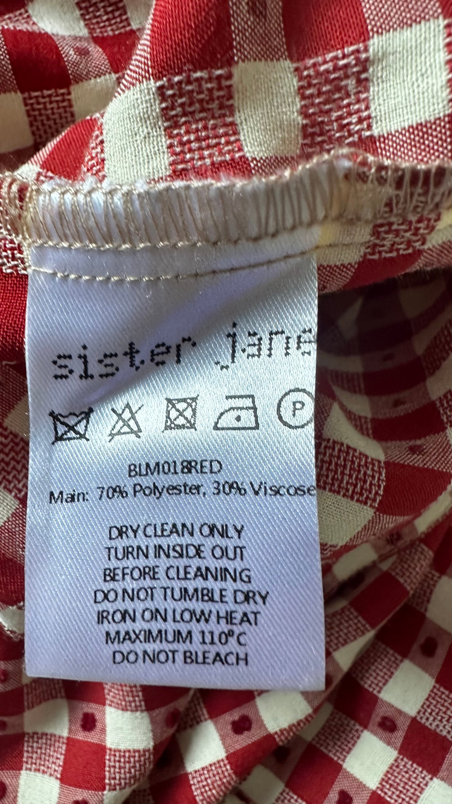Sister Jane red cream gingham check button up shirt dress petite mini medium UK 12