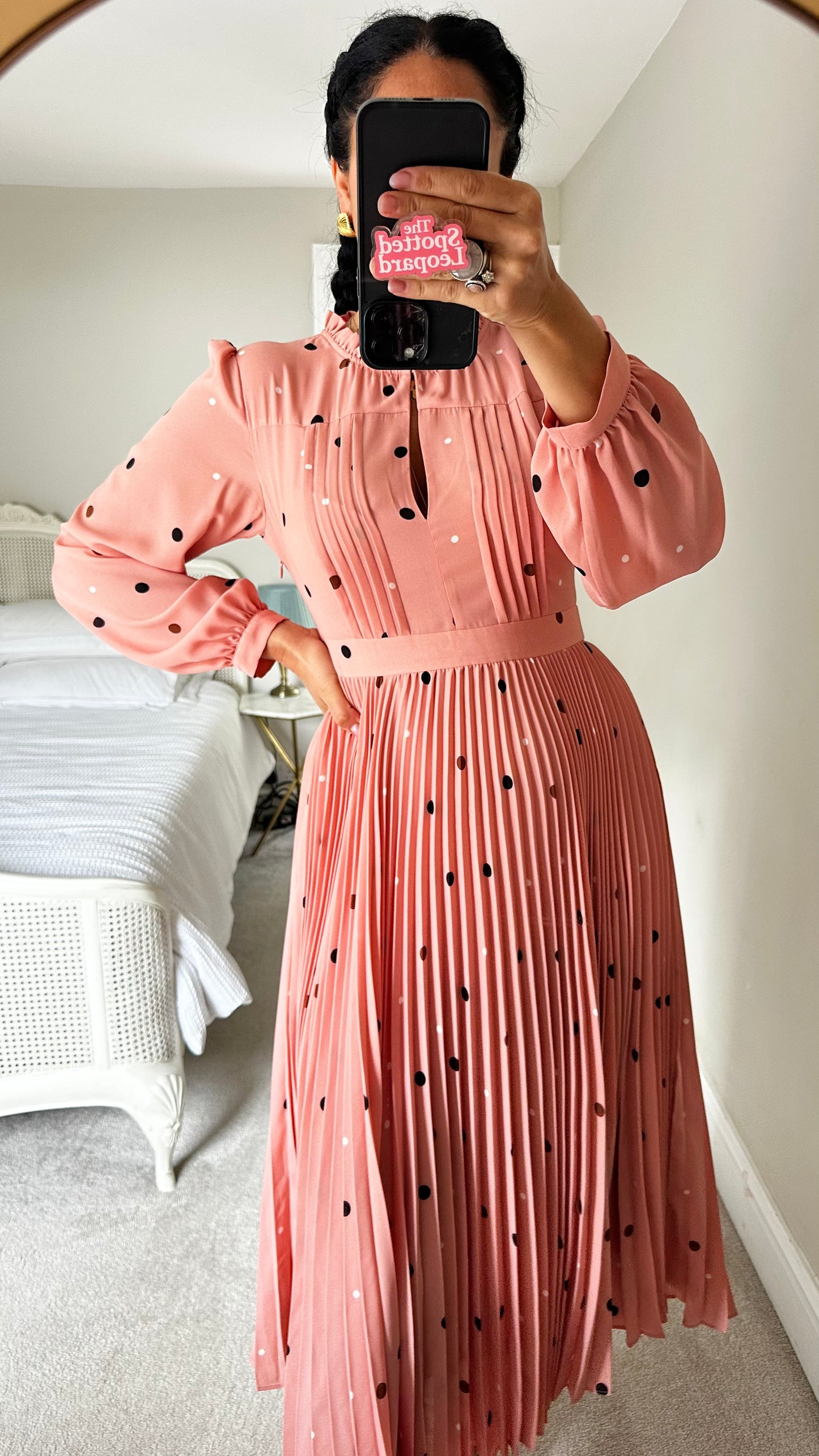 Sofie Schnoor pink pleated midi even polka dot dress small/ medium UK 10 vgc