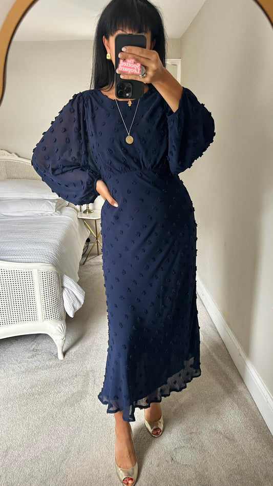 Eri + Ali @ Anthropologie navy blue midaxi evening event christening dress medium M UK 10 excellent used condition