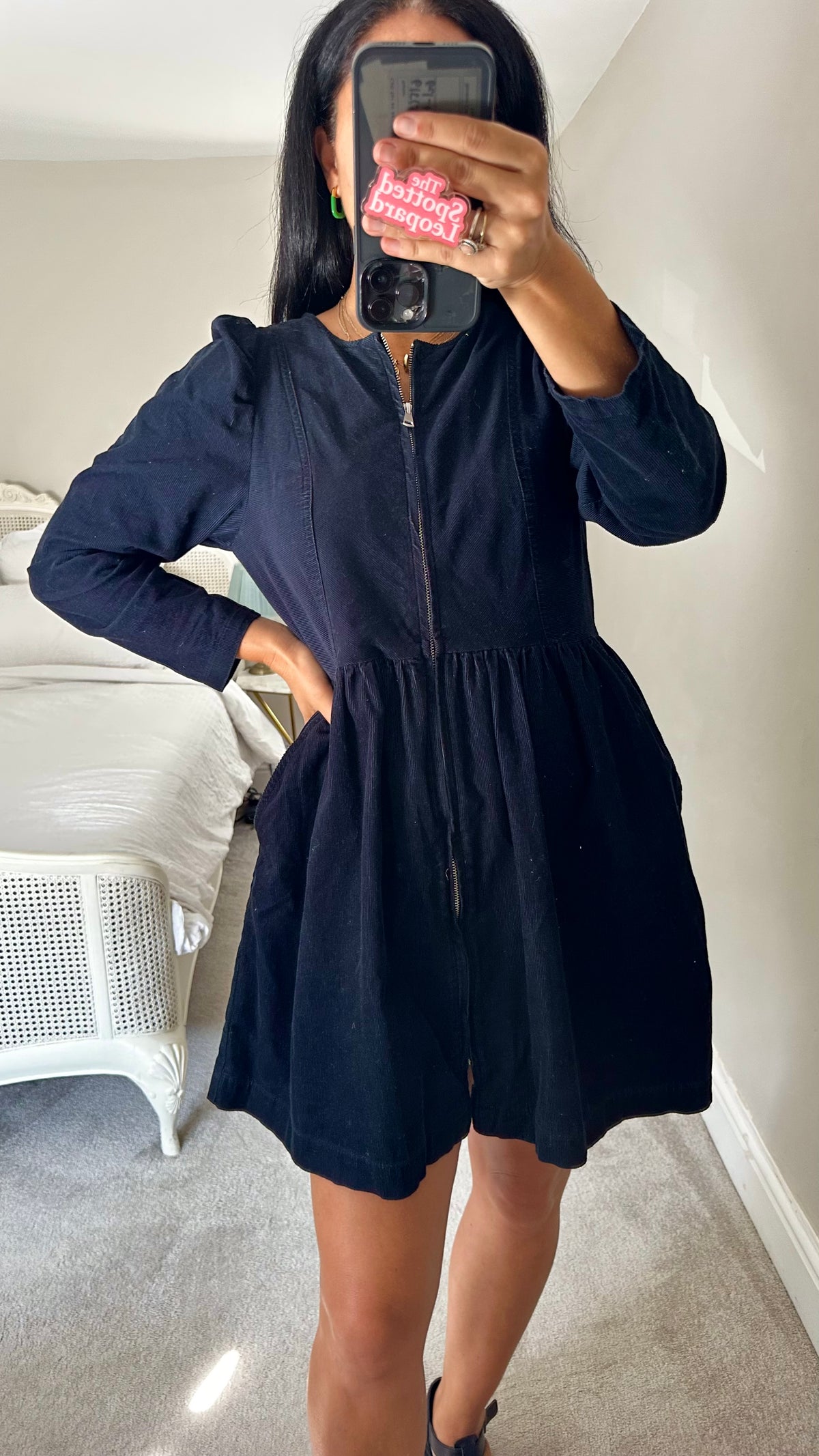 Oliver Bonas black navy blue corduroy zip up dress medium UK 12 pockets vgc