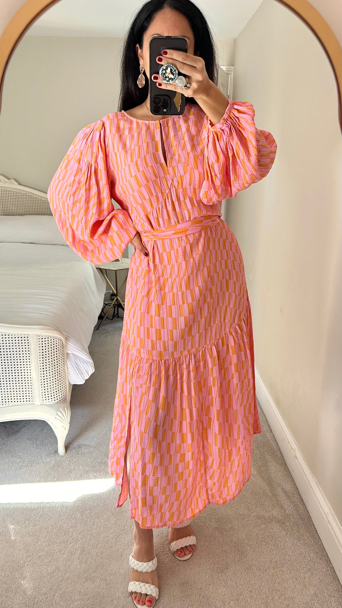 Oliver Bonas pink orange checkered midi long maxi dress wedding guess small UK 8 vgc