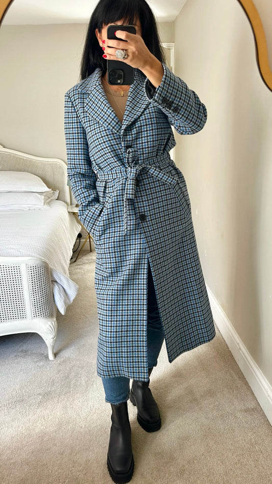 & Other stories light blue gingham check wool blend trench mac style longline coat small S UK 8 excellent used condition