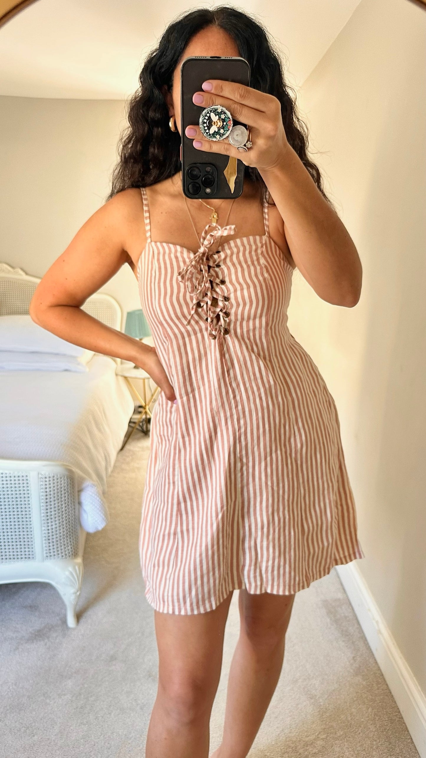Faithfull the Brand dusky pink cream candy stripe corset tie bust mini dress holiday large L UK 12 vgc