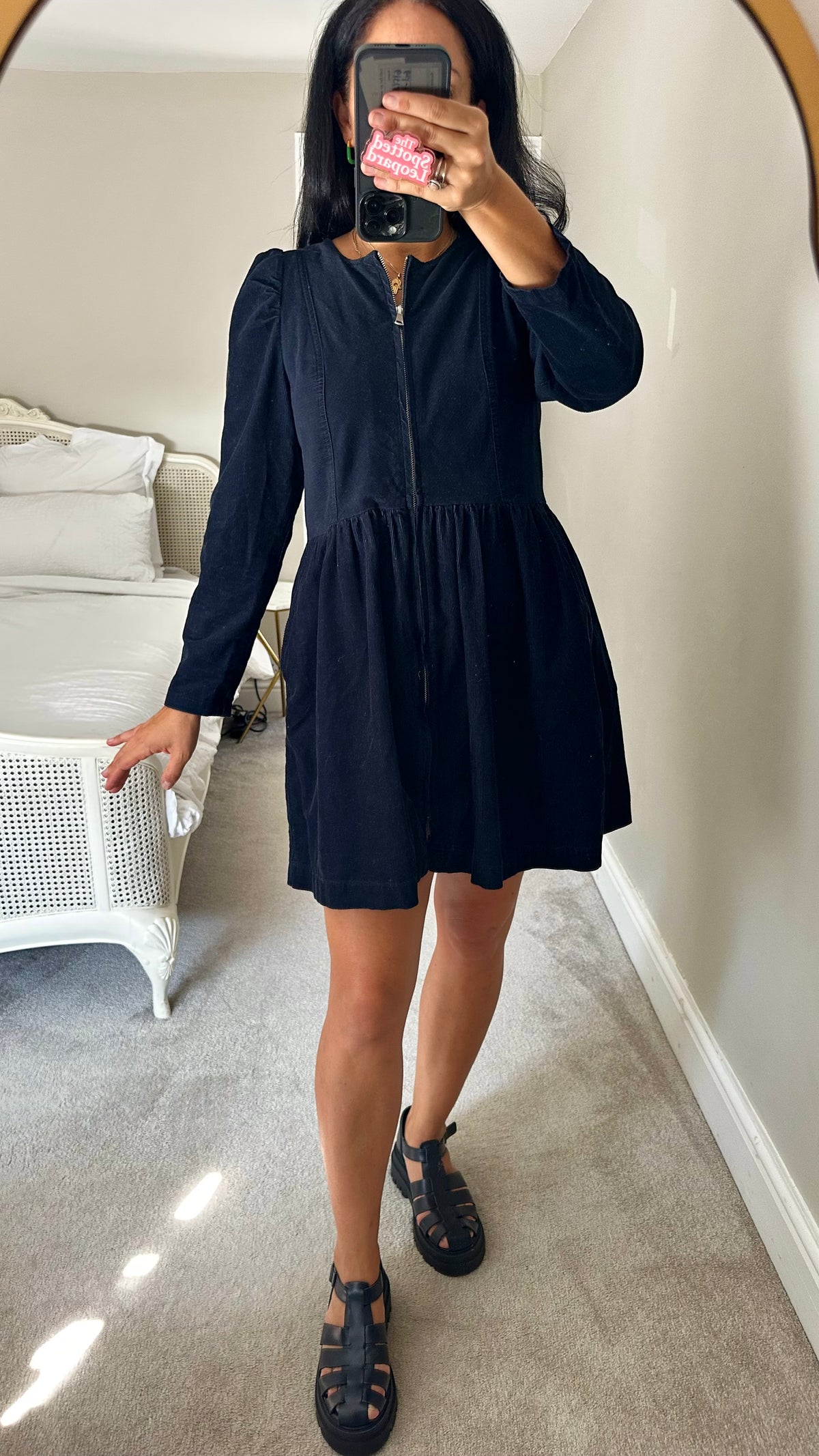 Oliver Bonas black navy blue corduroy zip up dress medium UK 12 pockets vgc
