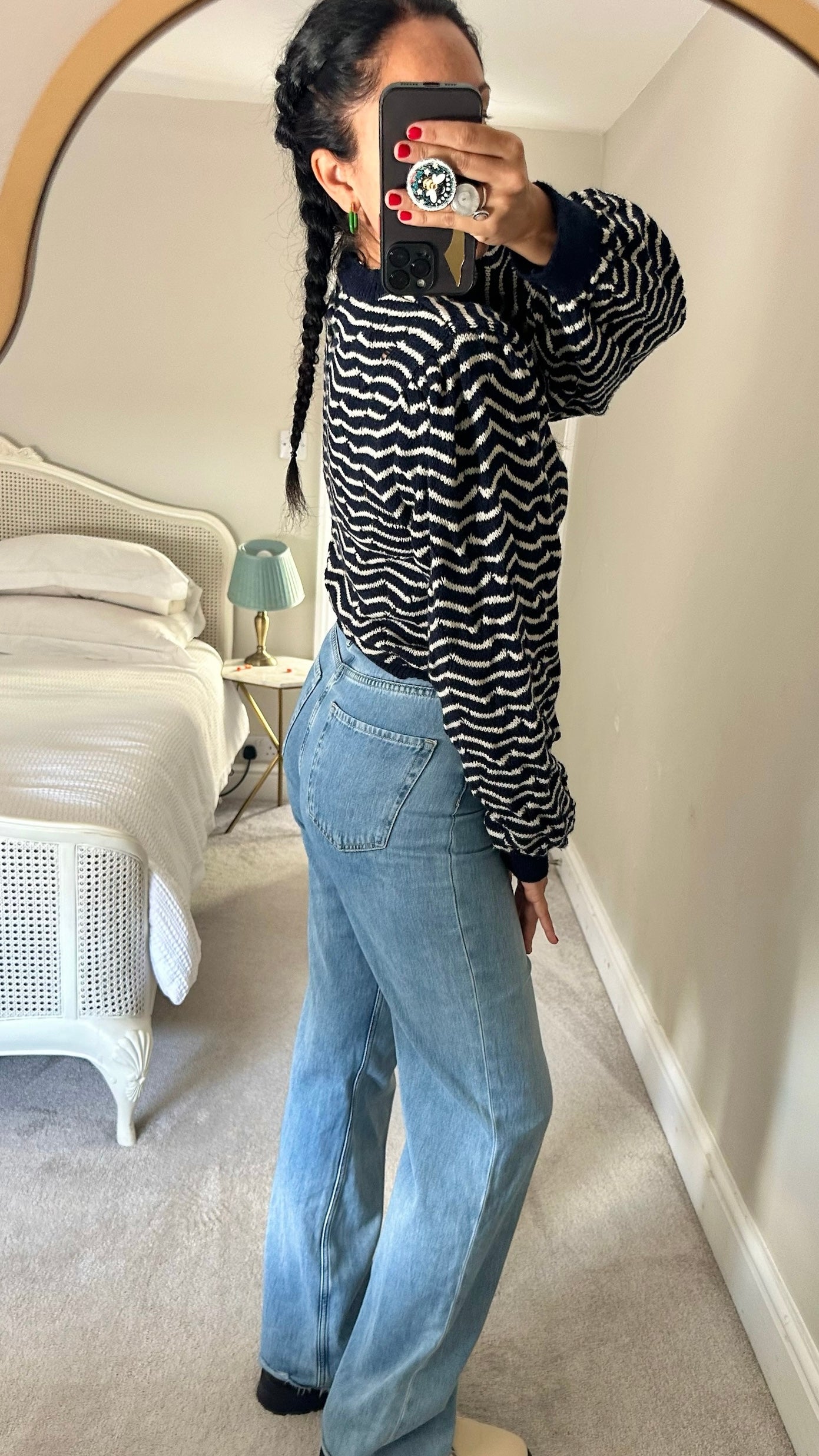 Second female navy blue white wave print stripe knitted jumper pure wool large UK 12 vgc w25