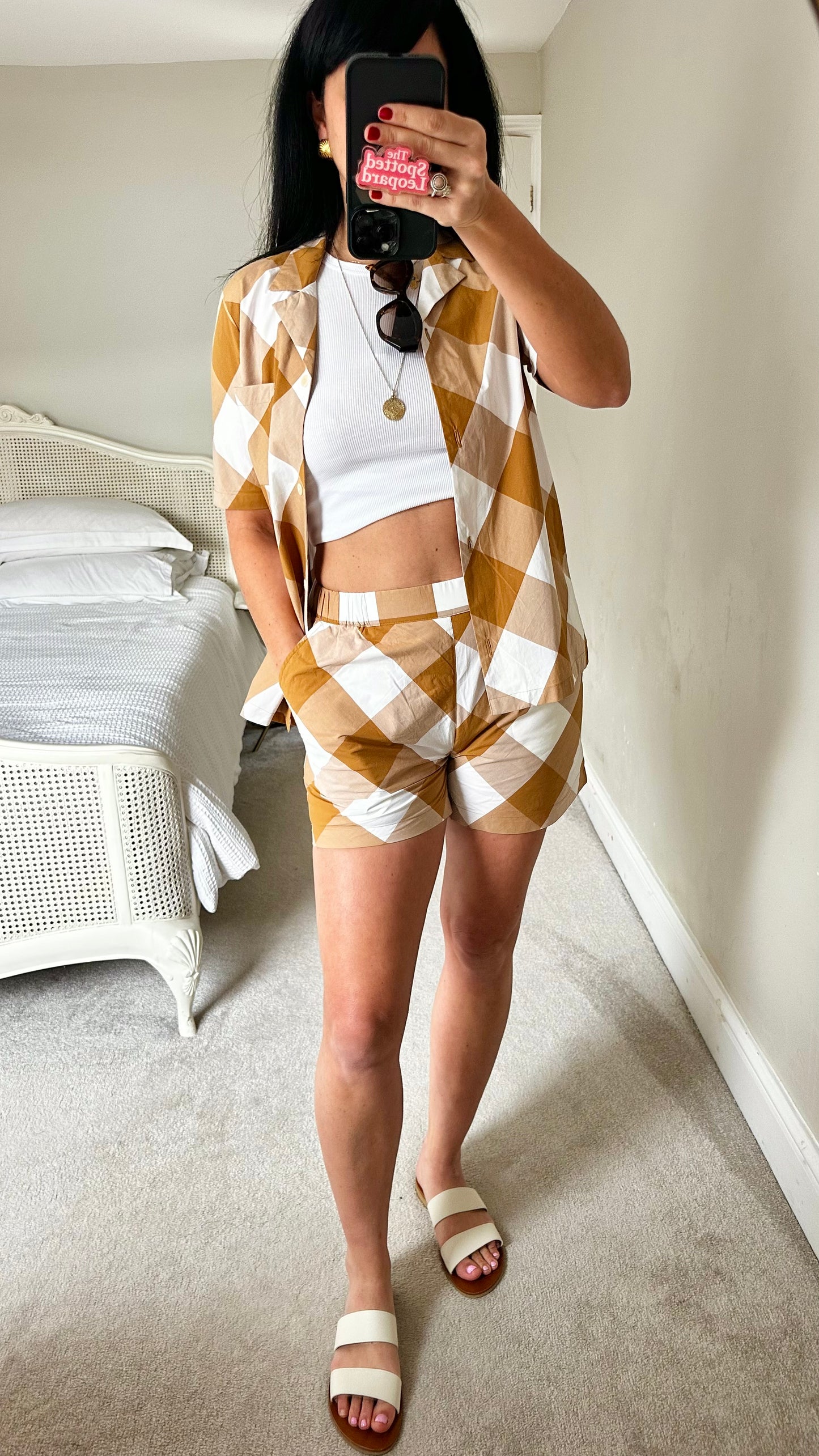 FOLK brown beige white gingham co ord shorts shirt set vgc