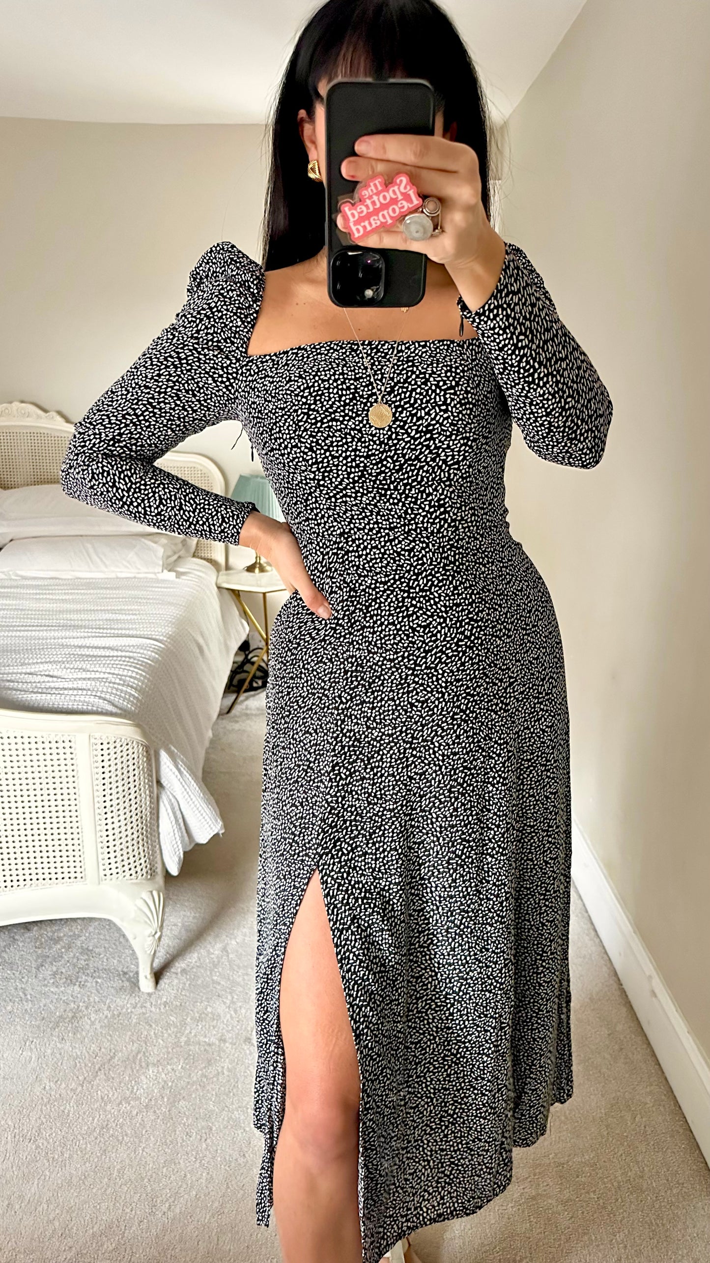 & other stories black white sprinkles print side split midi event day dress small UK 10