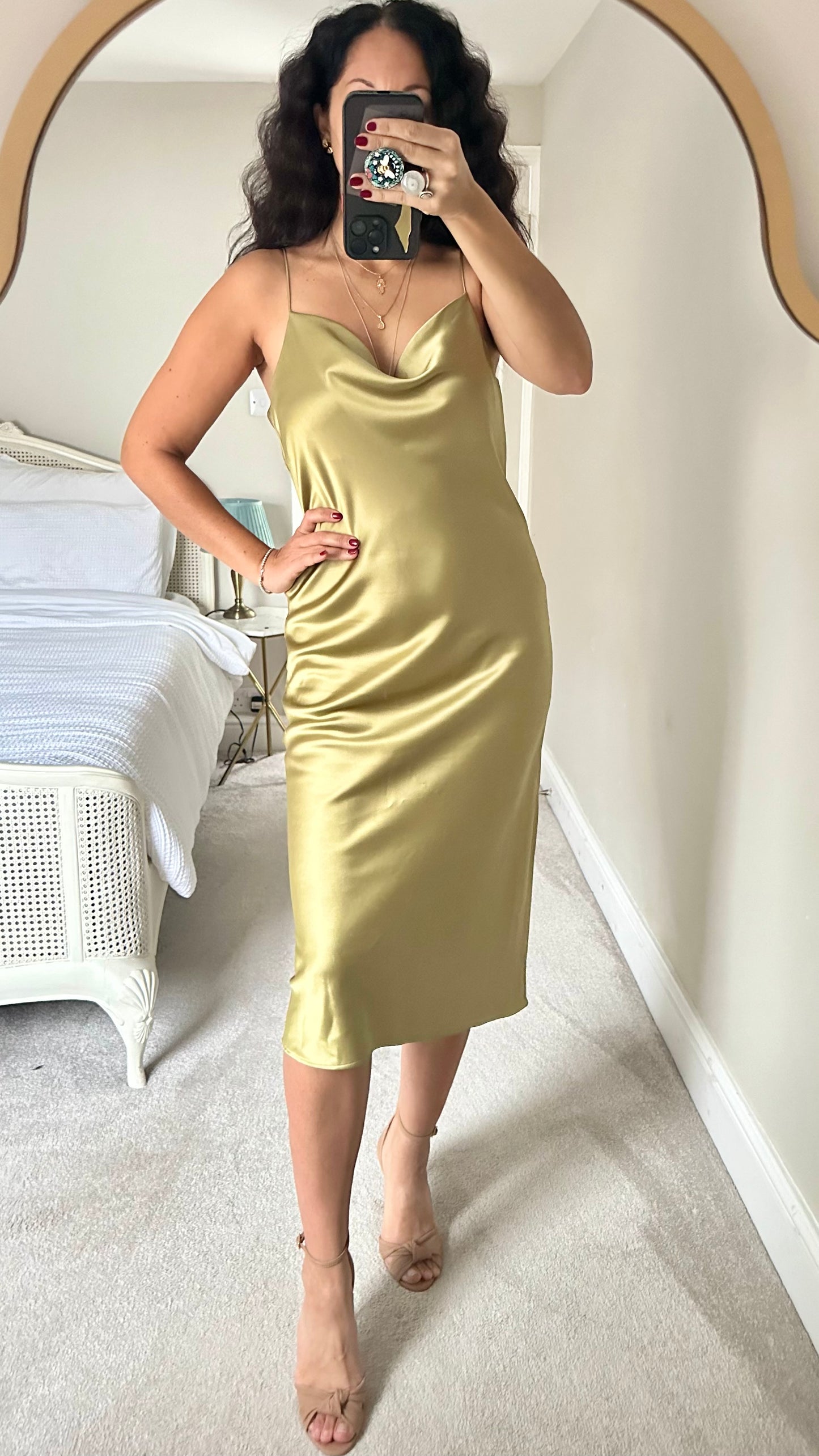 Topshop khaki gold slip dress event eveningwear party UK 12 petite vgc