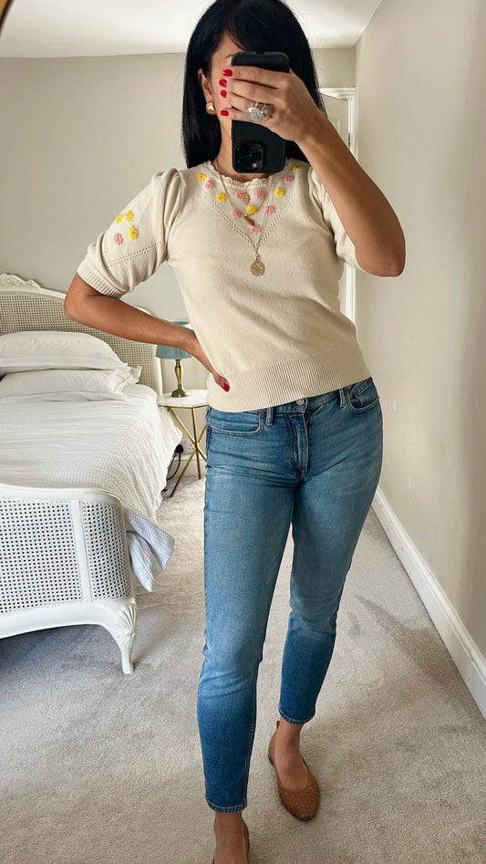 Oliver bonas cream pink floral vintage knitted top medium UK 10 vgc