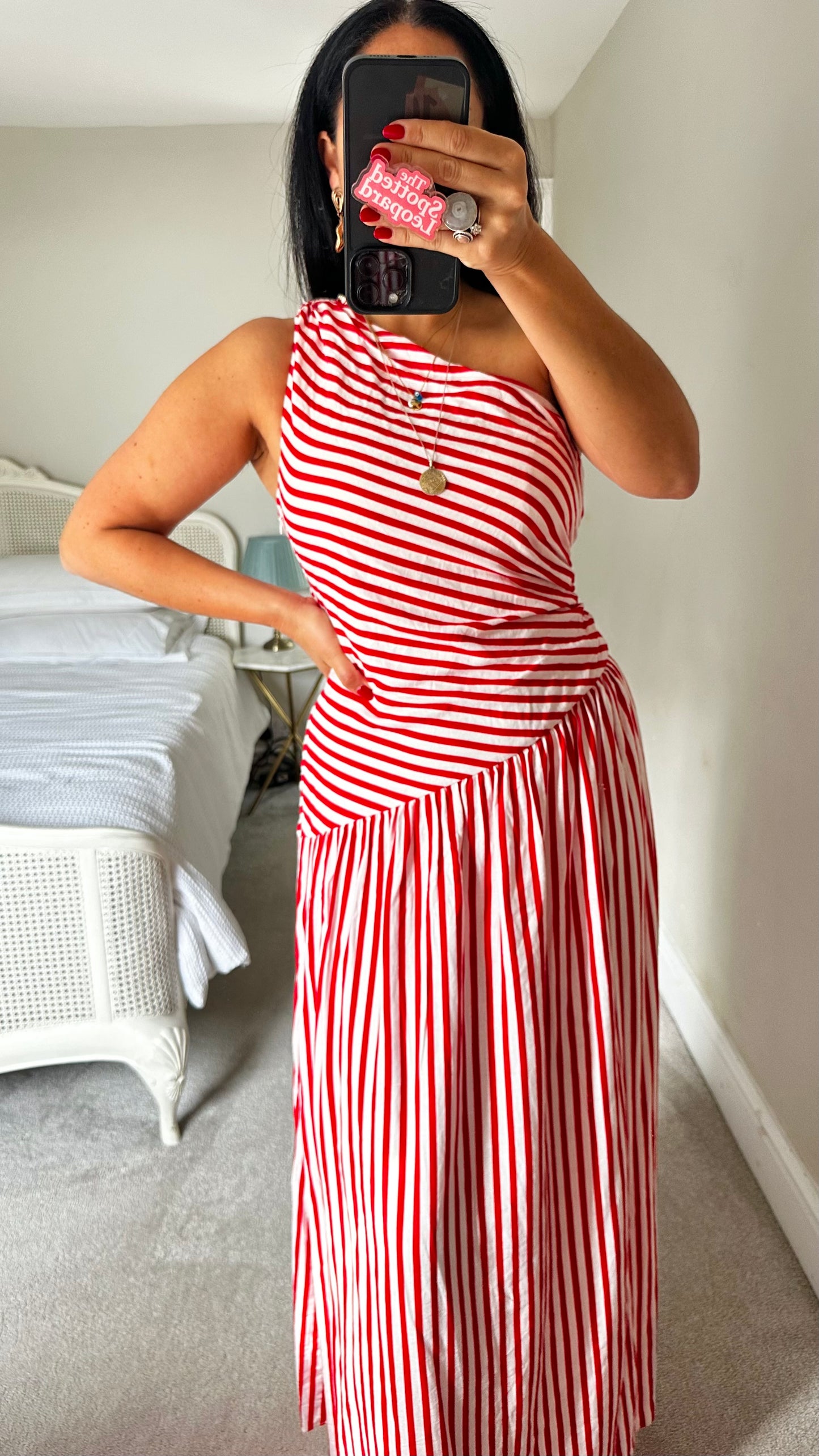 Ro & Zo red white stripe one shoulder maxi long dress medium UK 12 vgc holiday linen blend
