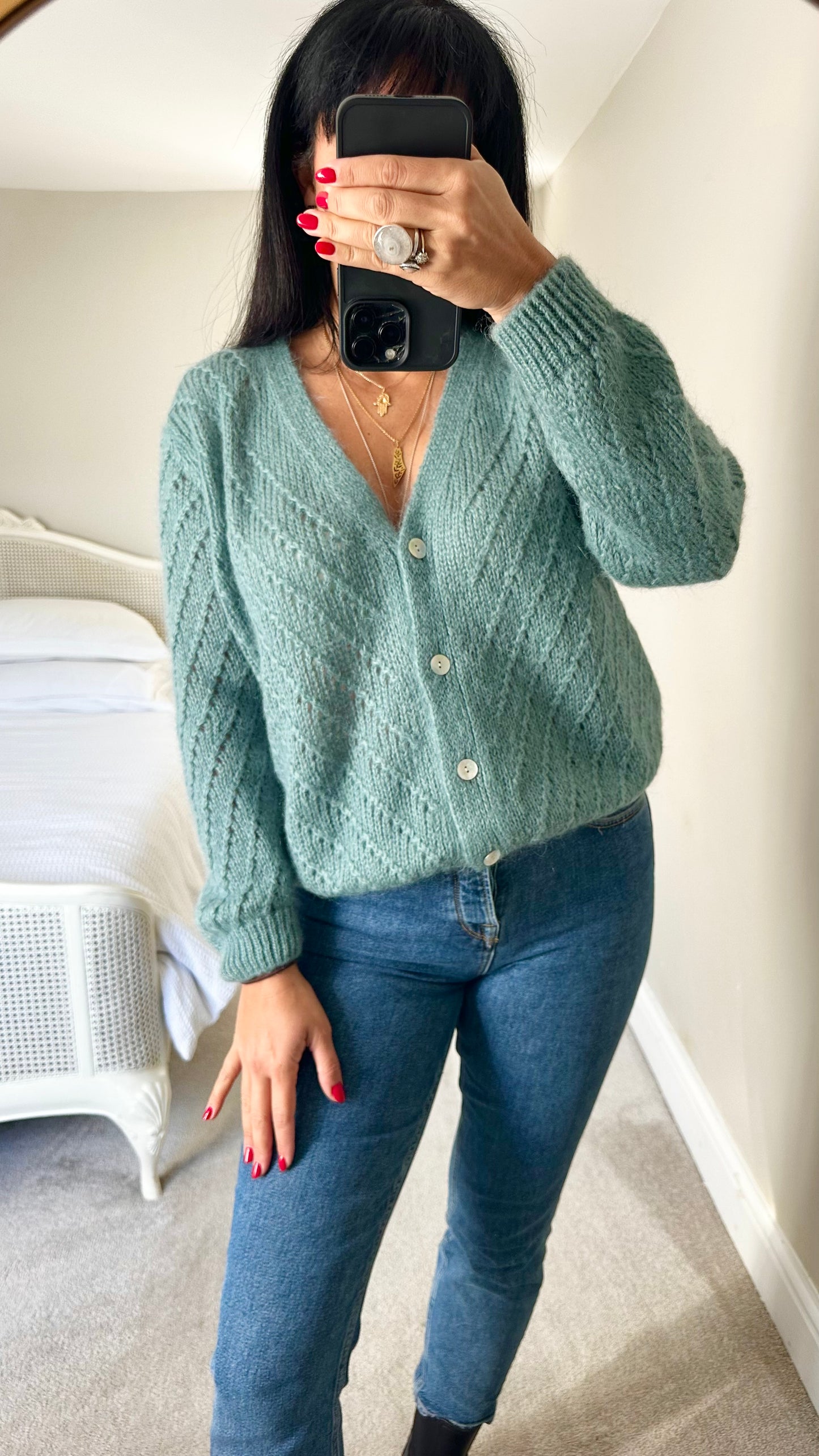 Maelys teal turquoise blue crotchet knit mohair blend button up cardigan medium large ML UK 10-12 excellent used condition