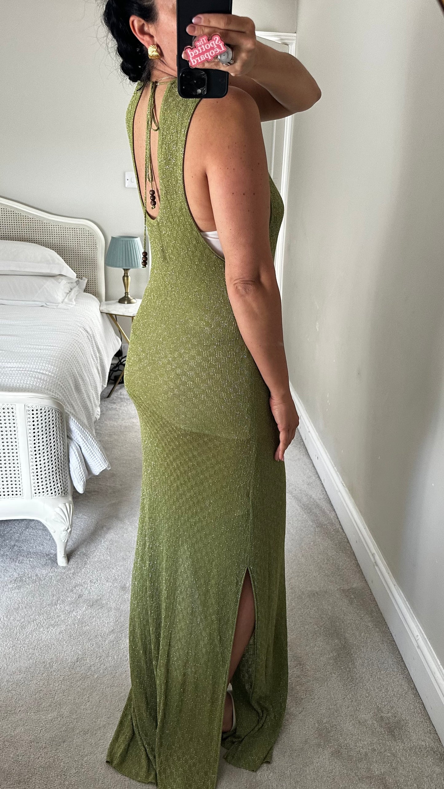 Ro & Zo khaki green shimmer maxi long tall sheer event beach holiday boho dress large UK 14 vgc