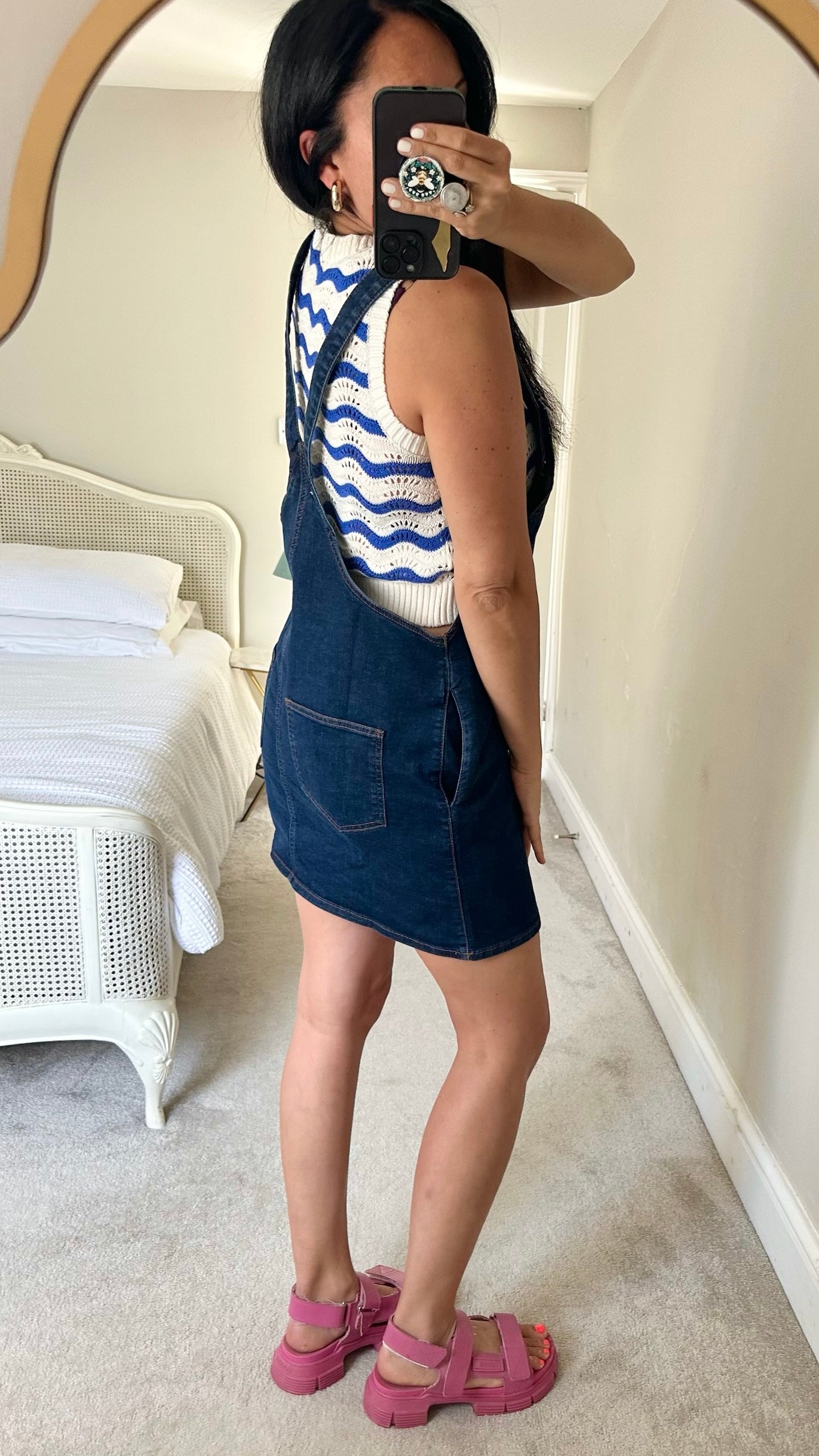 La Redoute navy blue denim dungaree mini dress large L UK 12 vgc