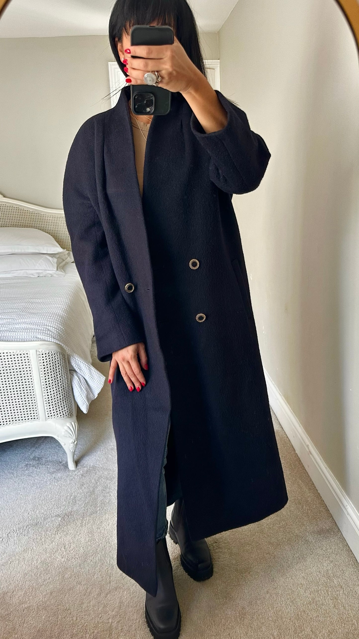 Alexon vintage navy blue mohair wool blend long maxi coat extra large XL UK 14