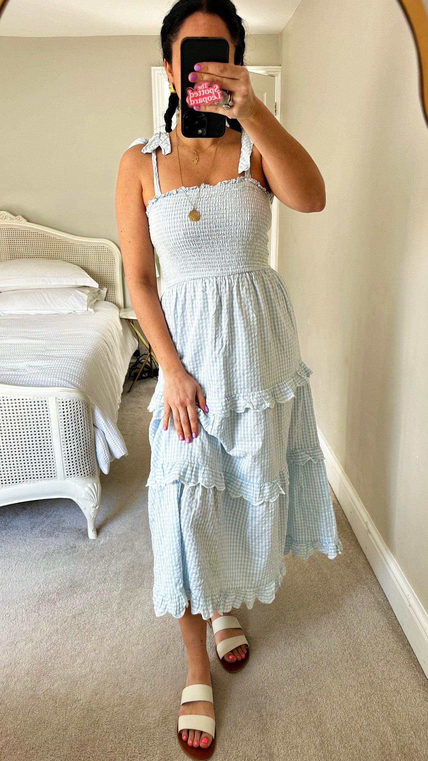 YAS light blue white gingham check long sun dress large UK 12-14