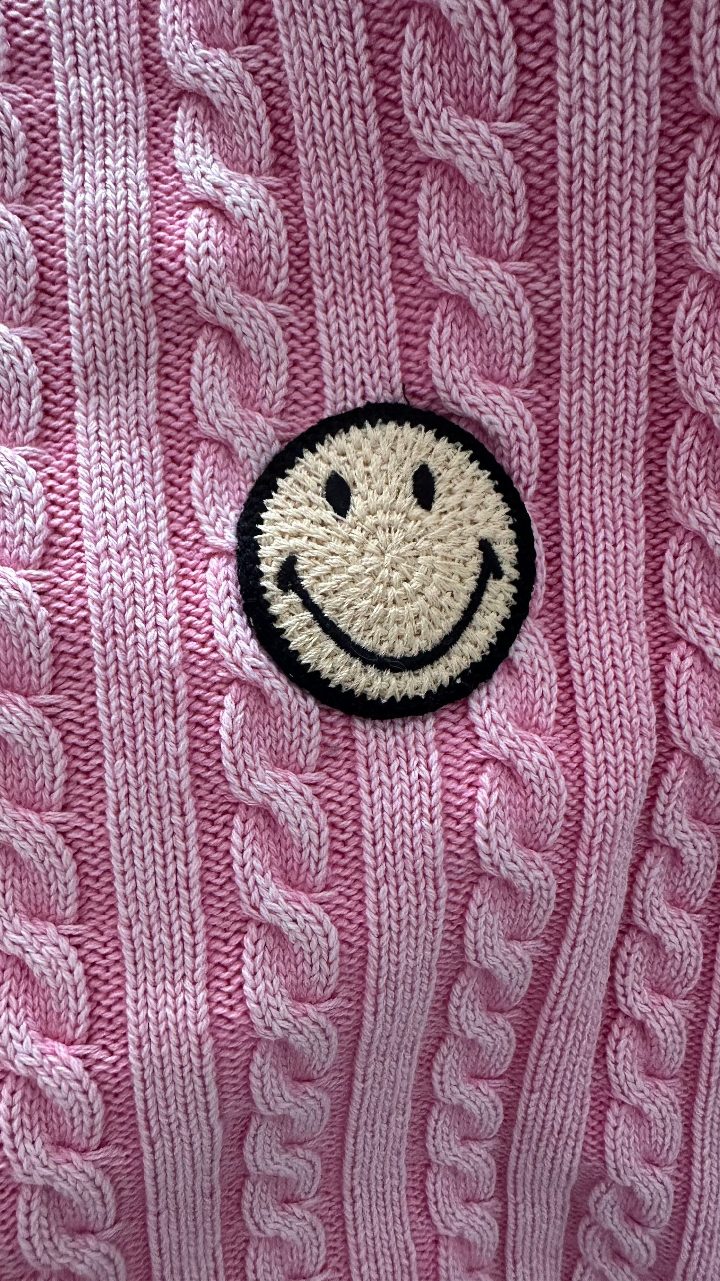 Sandro pink acid wash distressed smiley face knitted oversized cropped jumper small UK 8 10 vgc