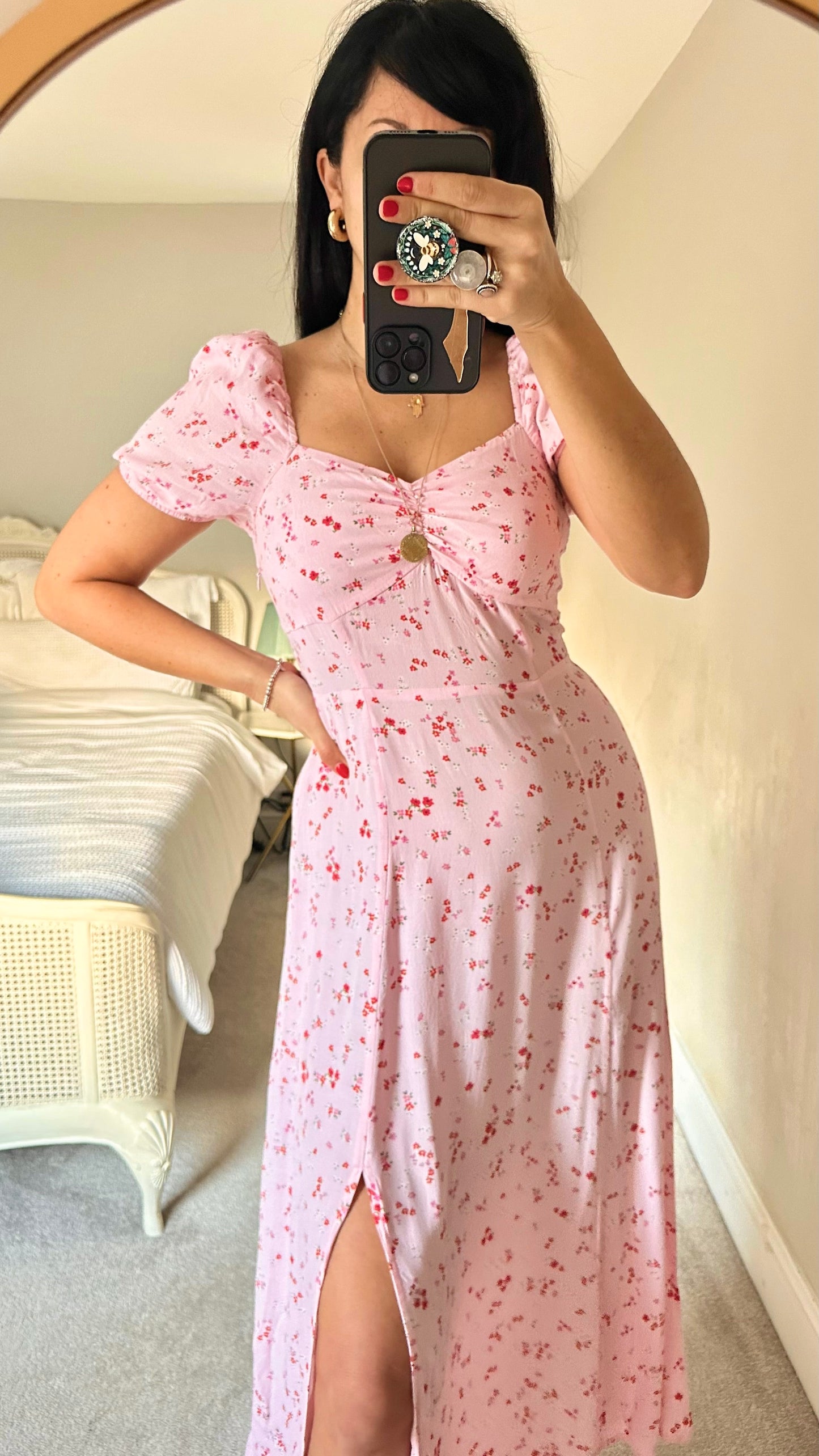 & other stories light pink red floral side split midi wedding guest dress new UK 6 12-14