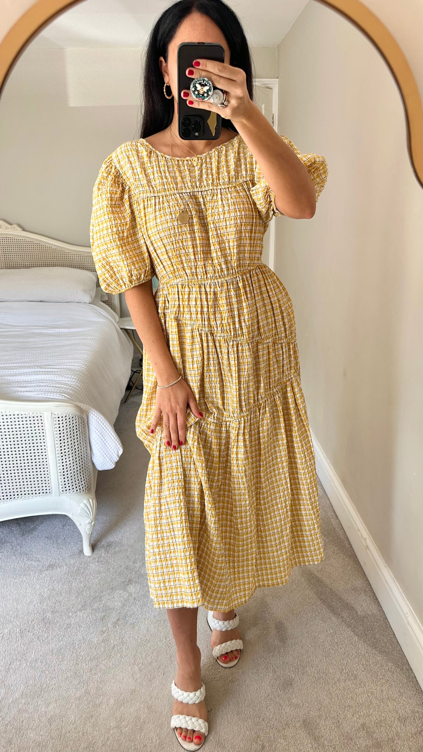 ASOS mustard yellow gingham check long midi dress small UK 10 petite vgc