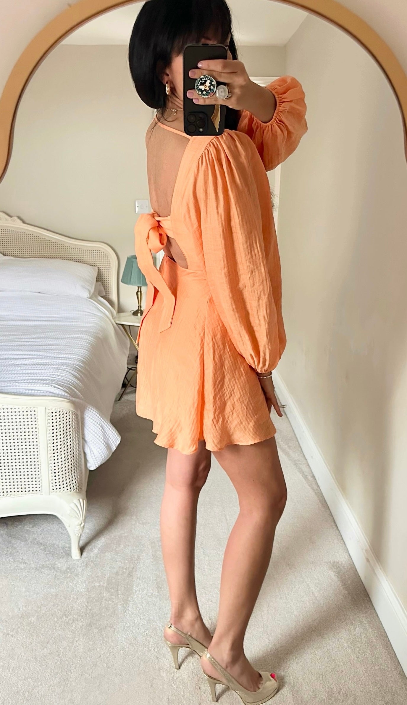 Nobody’s child light pastel orange tie backless mini dress event/wedding dress medium UK 12