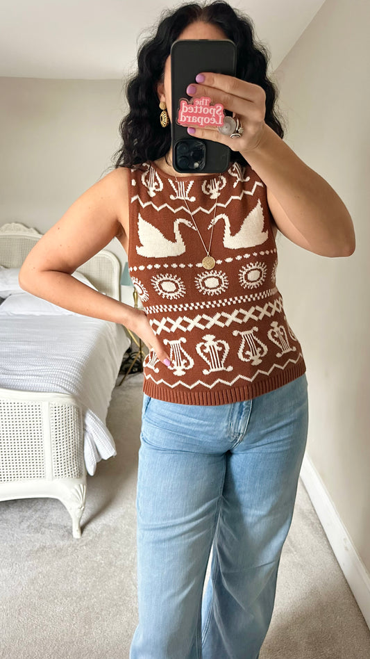 Kitri brown white swan bird print knitted tank top small UK 8-10 new bnwt