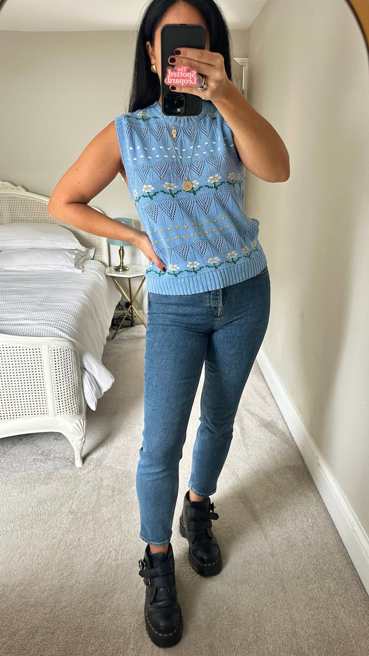 Warehouse light blue daisy print knitted waistcoat vest top large L UK 12 excellent used condition