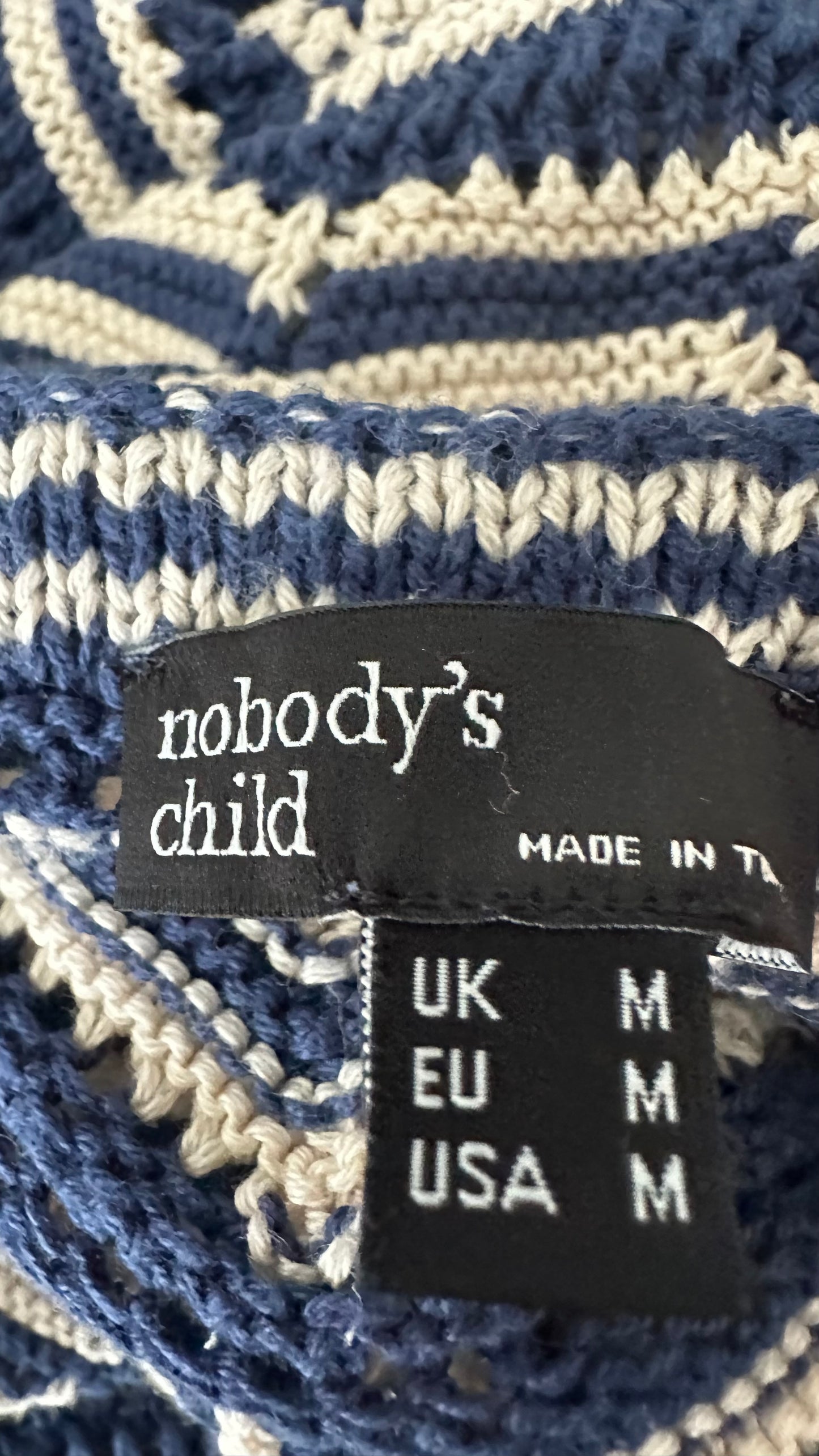 Nobody’s Child navy blue cream zig zag missoni style maxi long dress crochet medium UK 12 vgc