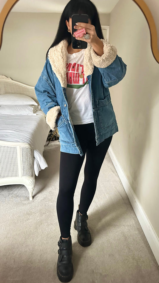 Topshop blue denim faux shearling jacket quilted coat small UK 8-10 oversized vgc