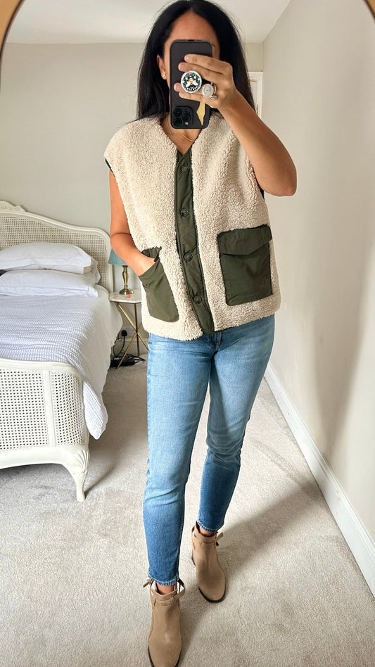 Mango cream khaki green shearling vest large L UK 12 excellent used condition W25