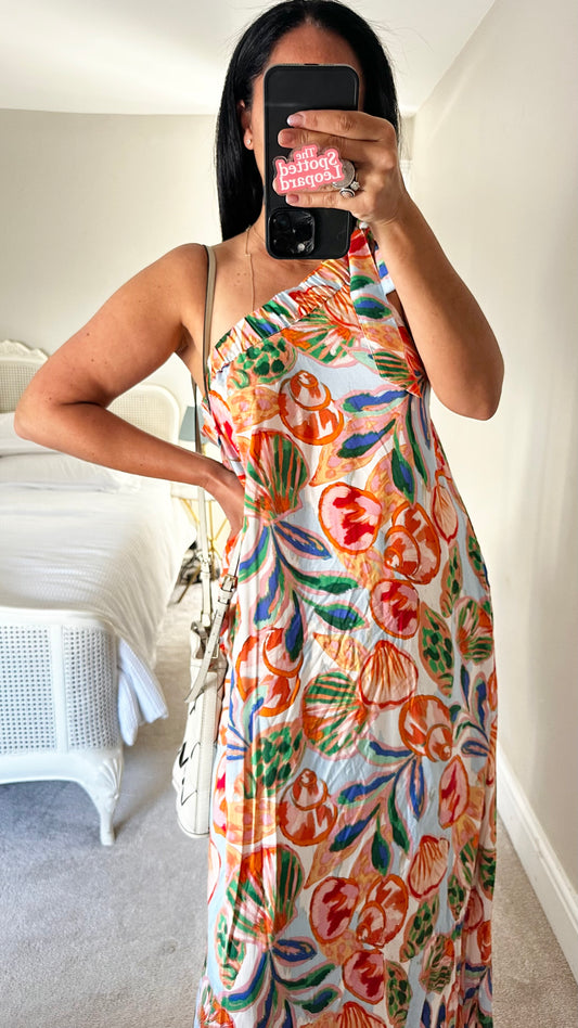 Haven orange shell print one shoulder maxi long beach holiday dress Freesize UK 10 12 14
