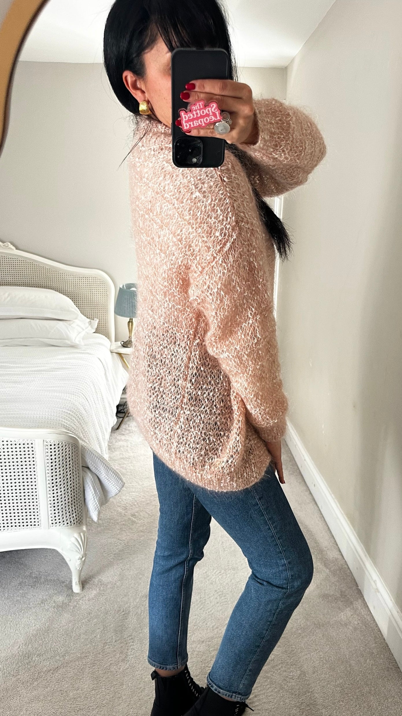 Vintage soft dusky pink knitted cardigan wool mohair blend handmade UK 10-12 vgc XMS25