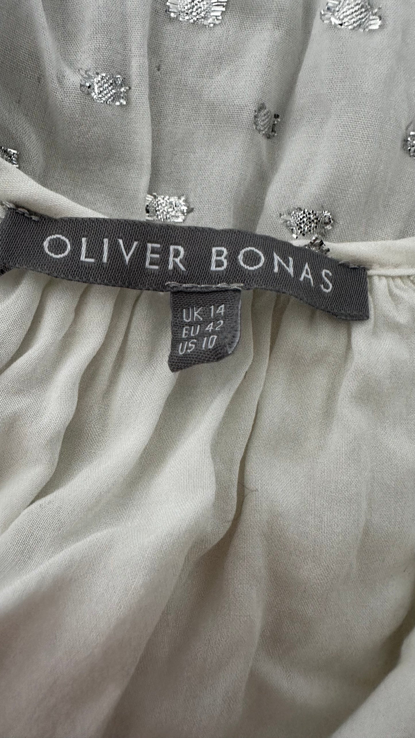 Oliver Bonas white silver polka midi long dress medium UK 12-14 vgc holiday
