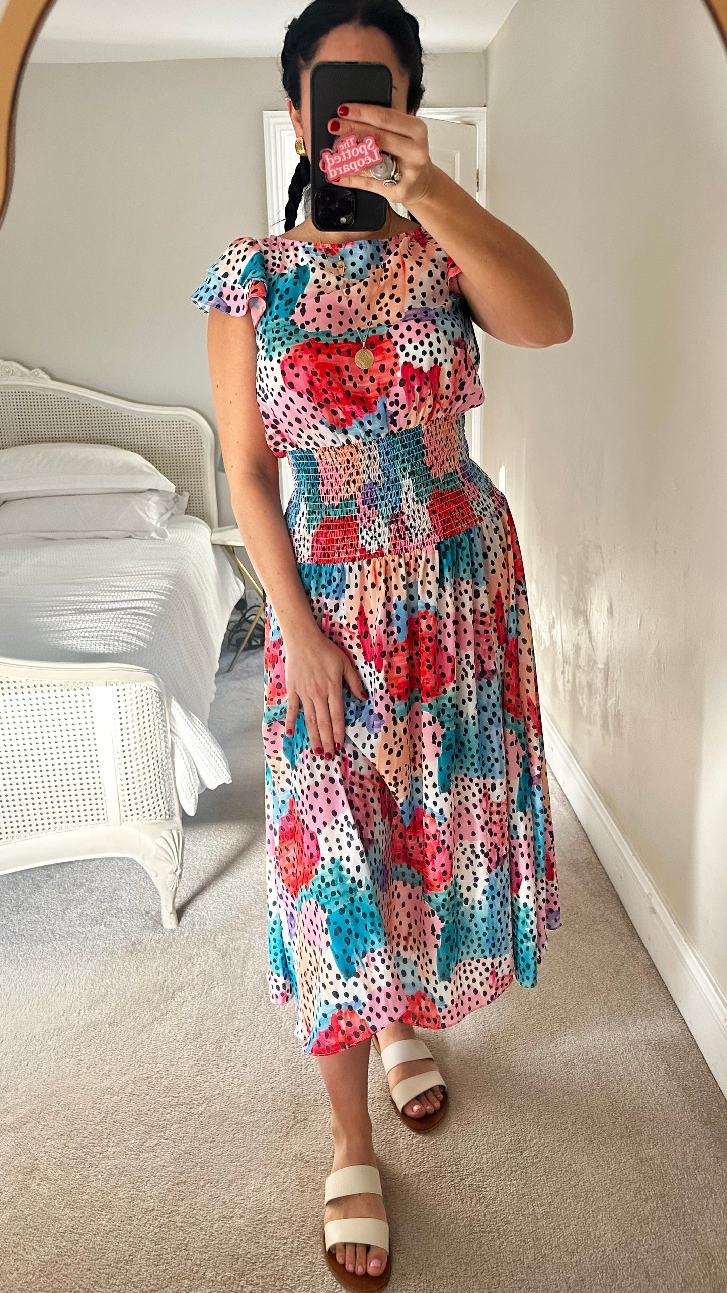 Traffic People multicoloured polka dot kitsch midi long dress small medium UK 10 vgc