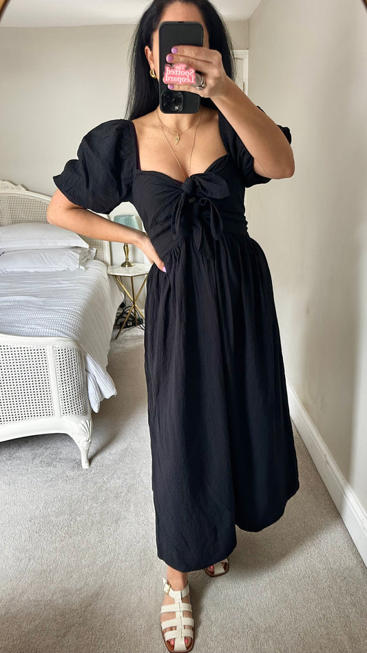 Nobody’s Child black double tie front midi long dress medium UK 14 new bnwt holiday