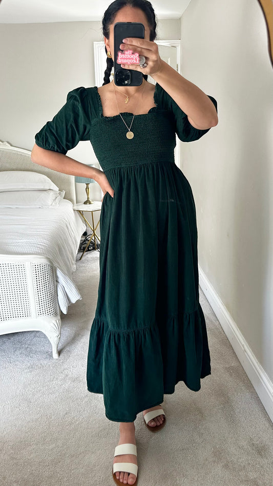 Nobody’s Child dark green corduroy long shirred dress small UK 8 vgc