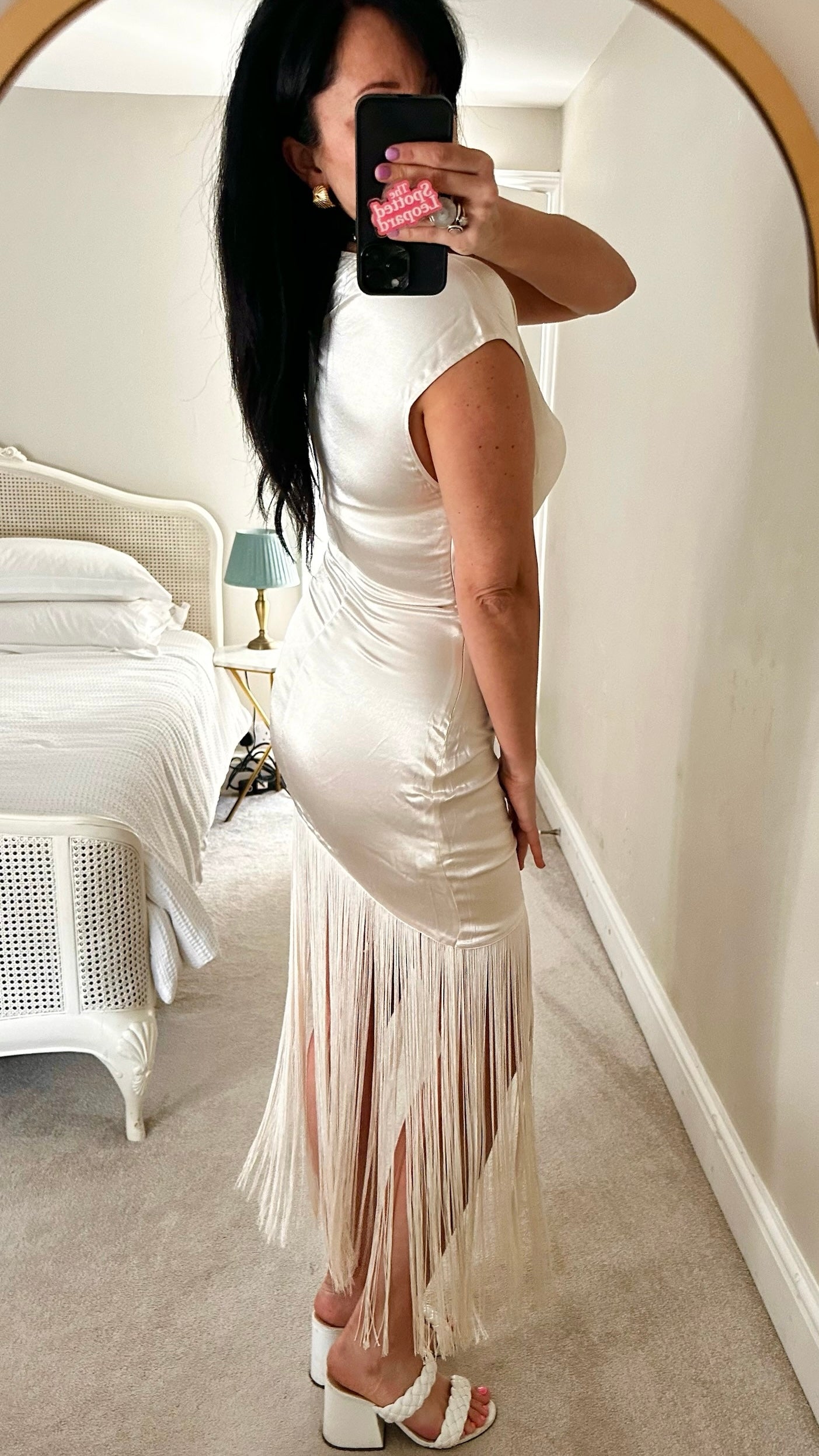 Pretty lavish cream satin fringe tassel maxi event dress small UK 8 vgc