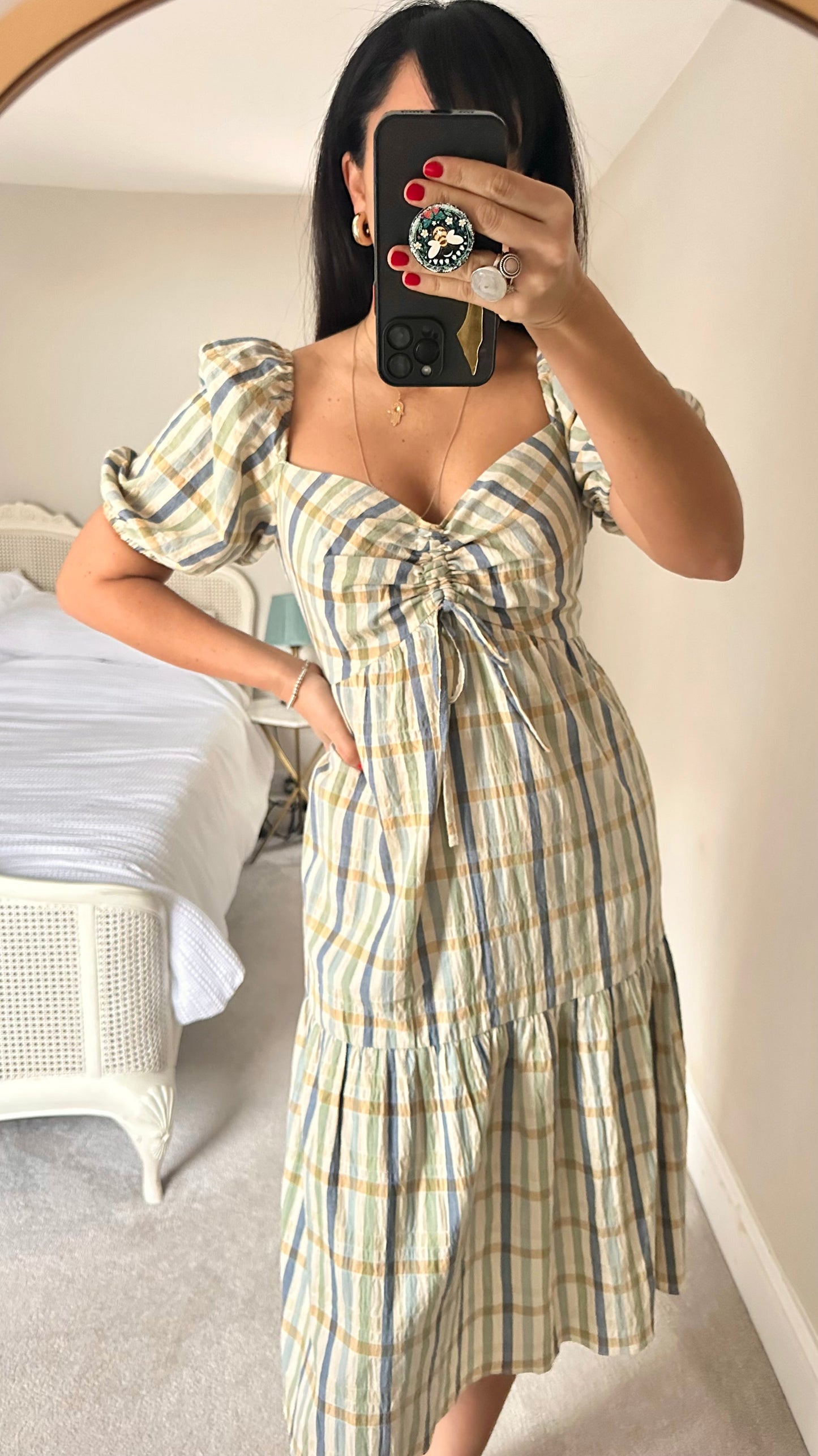 Feather & Bone @ Anthropologie blue green yellow gingham check cotton blend dress medium UK 12 midi vgc