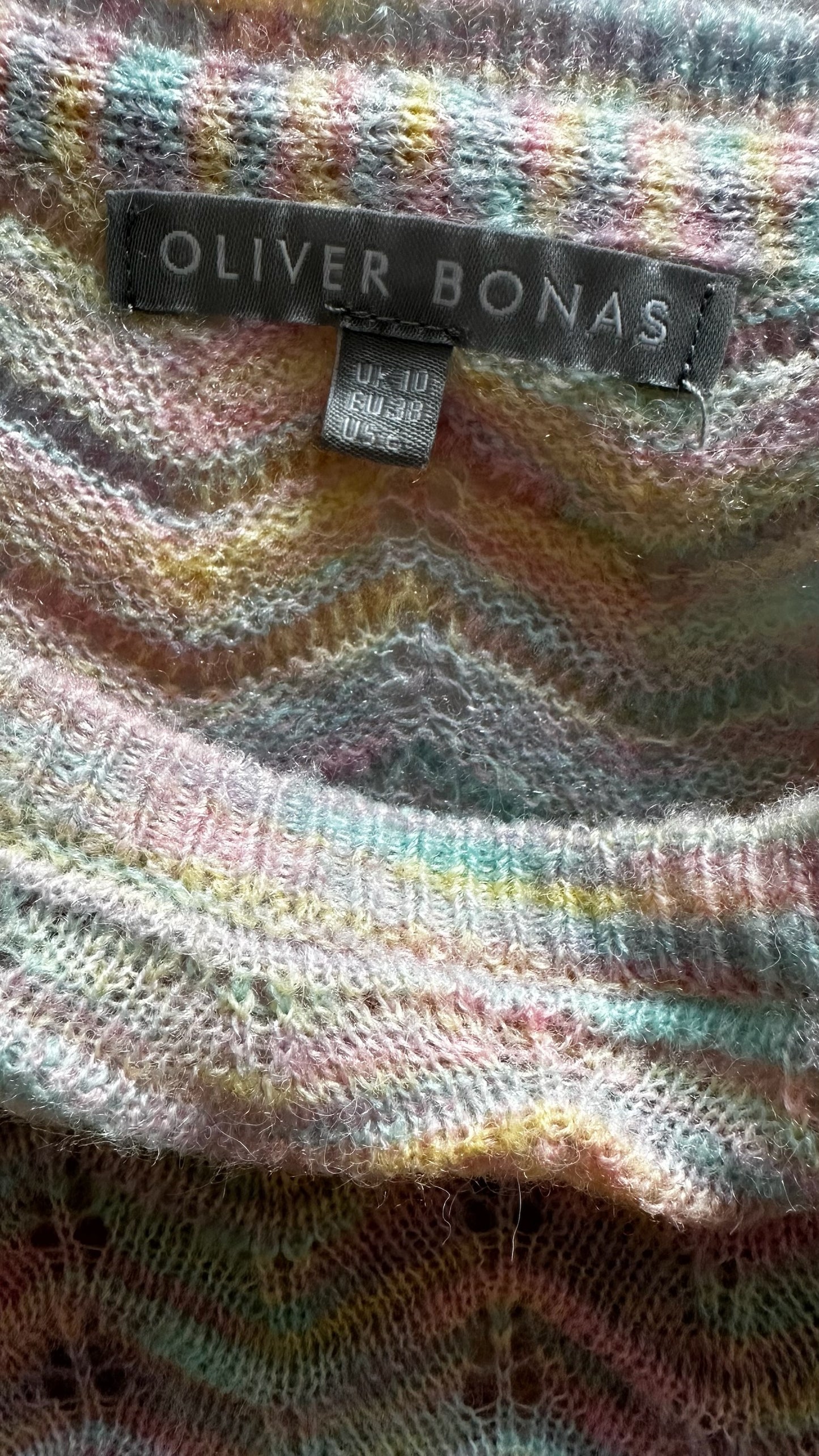 Oliver bonas rainbow multi colour crochet knitted jumper medium UK 10 vgc