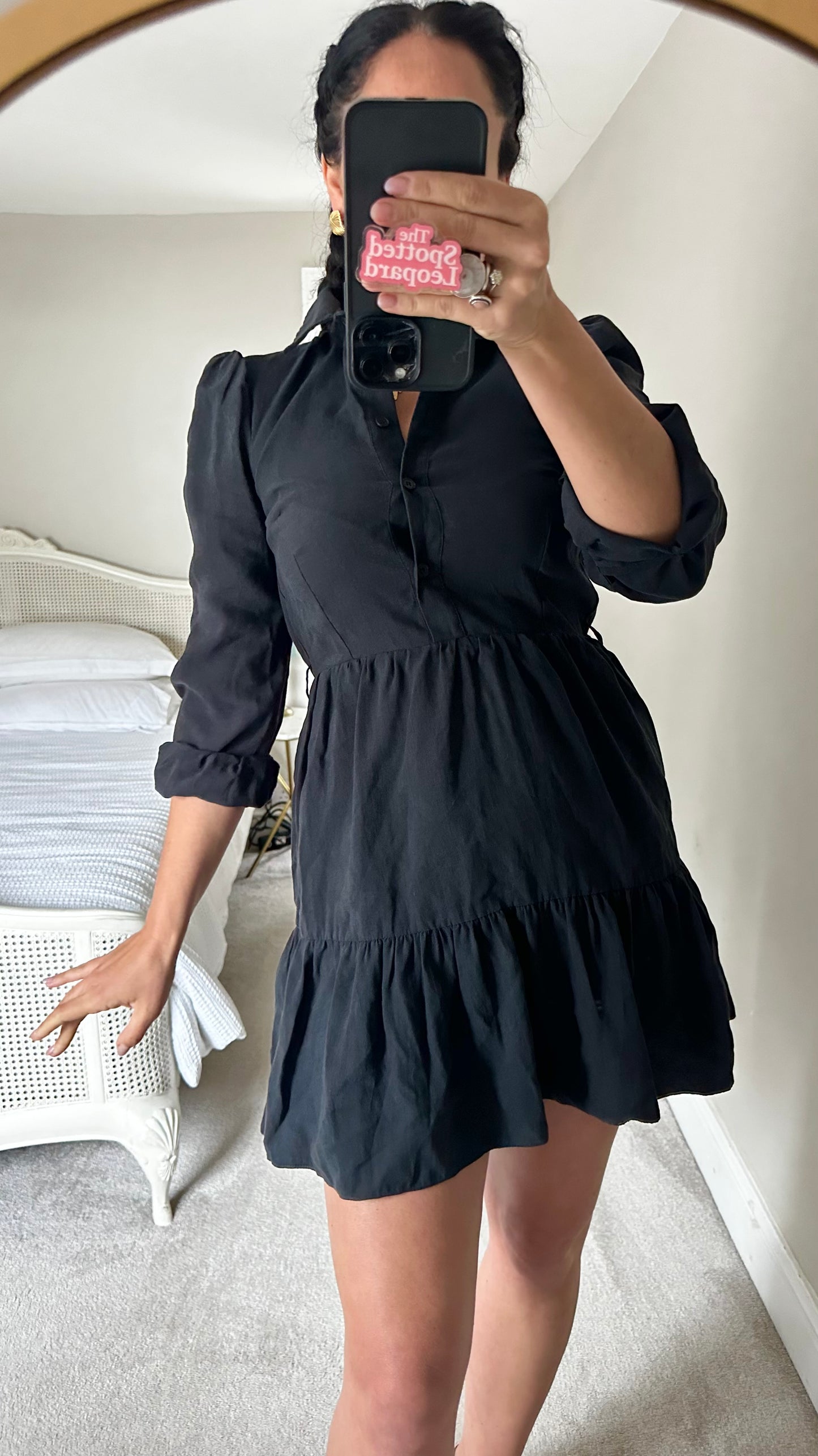 Oliver Bonas black button up tiered mini dress small UK 8 vgc