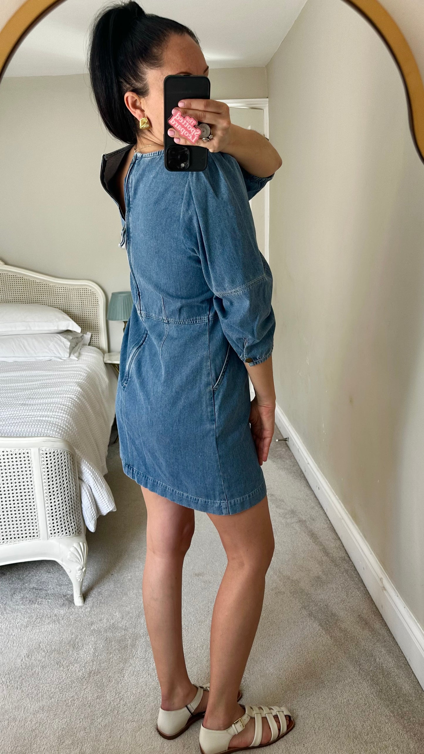 Oliver Bonas blue navy denim jeans dress casual mid length small UK 10 vgc