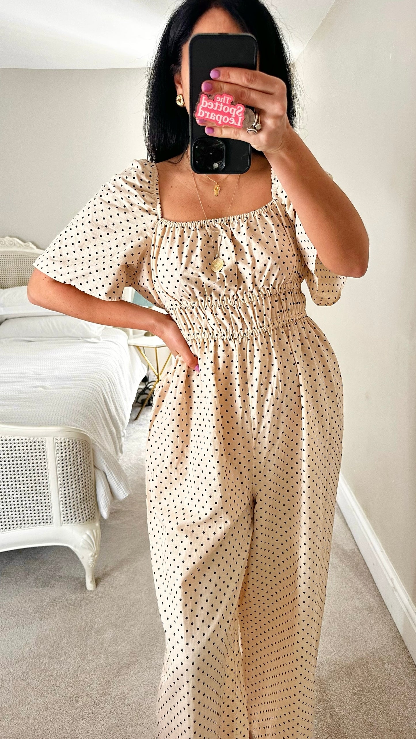 Nobodys child linen blend cream black polka dot shirt bust jumpsuit medium UK 14 vgc